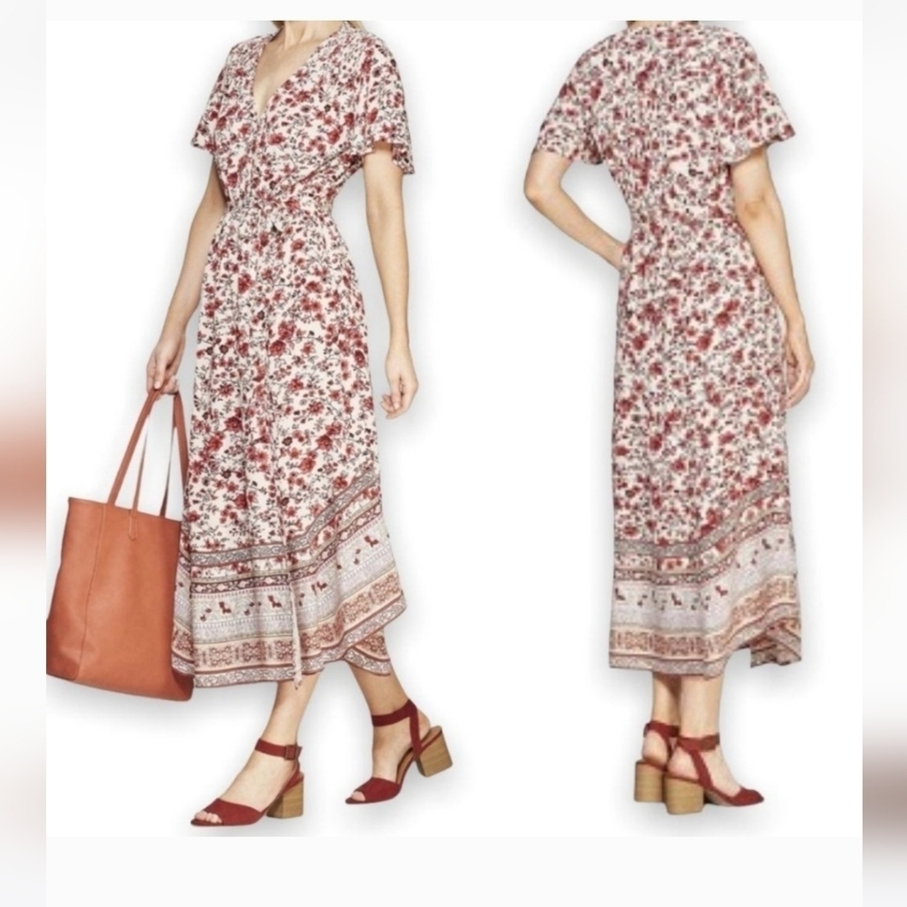 Knox Rose sz med floral print dress maxi faux wrap Prairie shirt sleeve